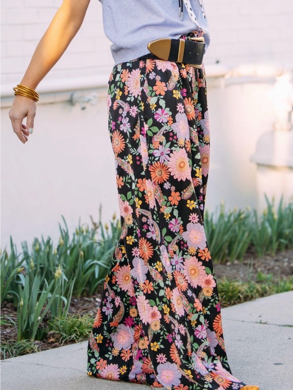 Black Floral Wide-Leg Pants with Pink & Orange Blooms